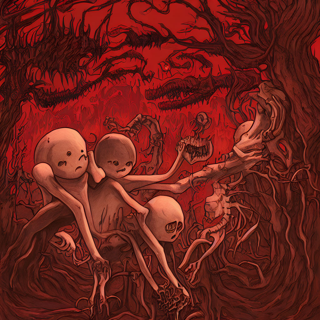 Surreal red-toned illustration of humanoid figures in twisted branches