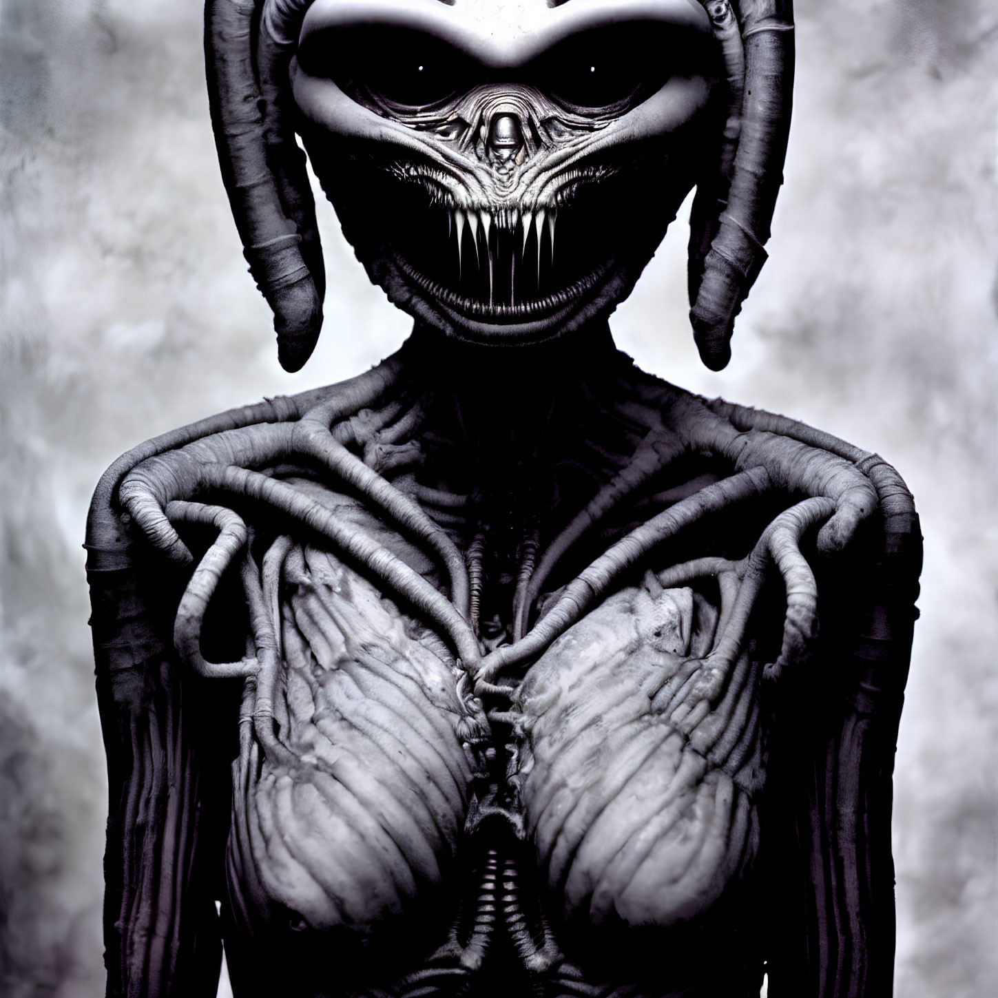 Monochrome image of sinister alien creature with tentacles and skull-like face