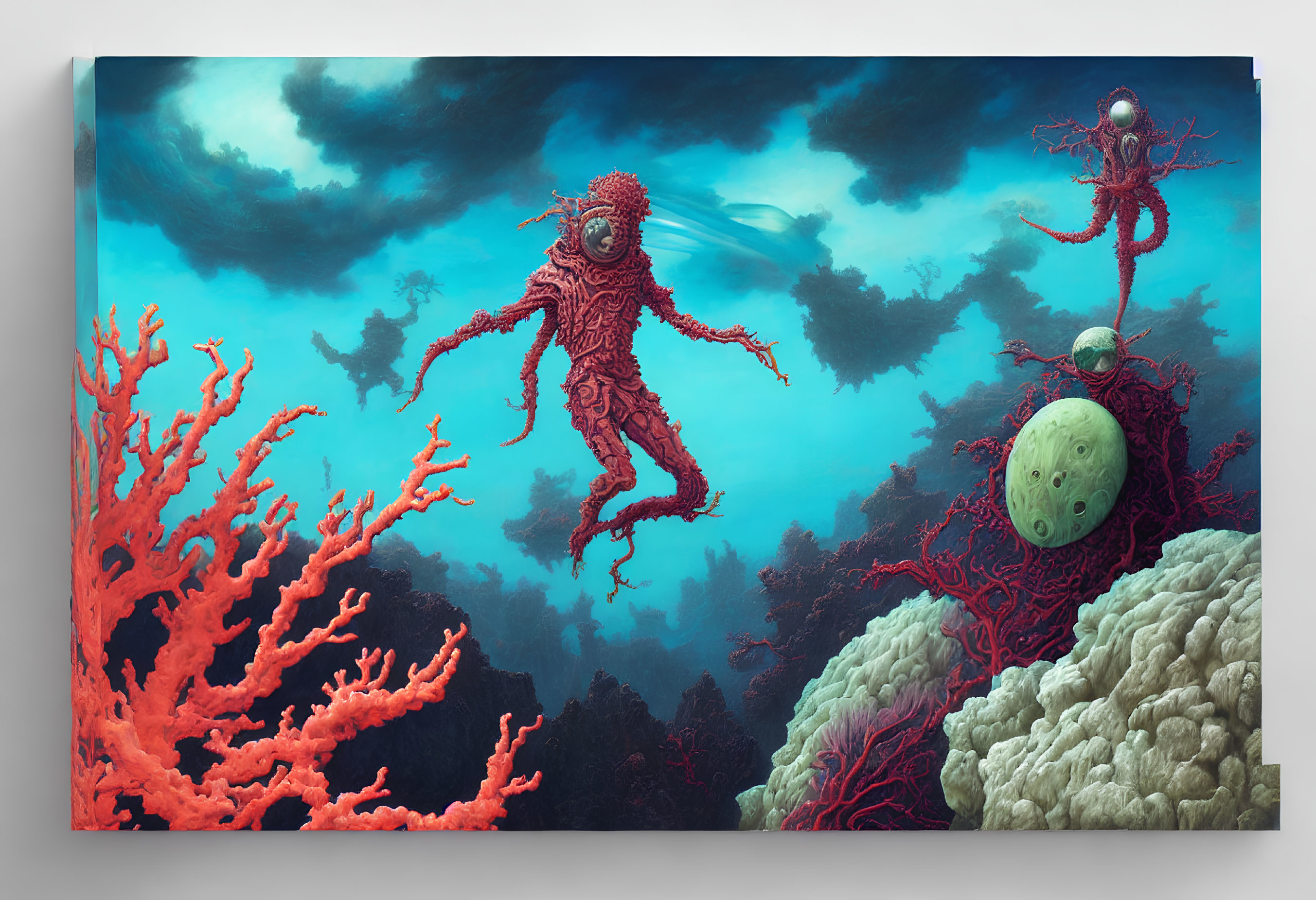 Surreal underwater scene with red coral-like creatures and humanoid figure