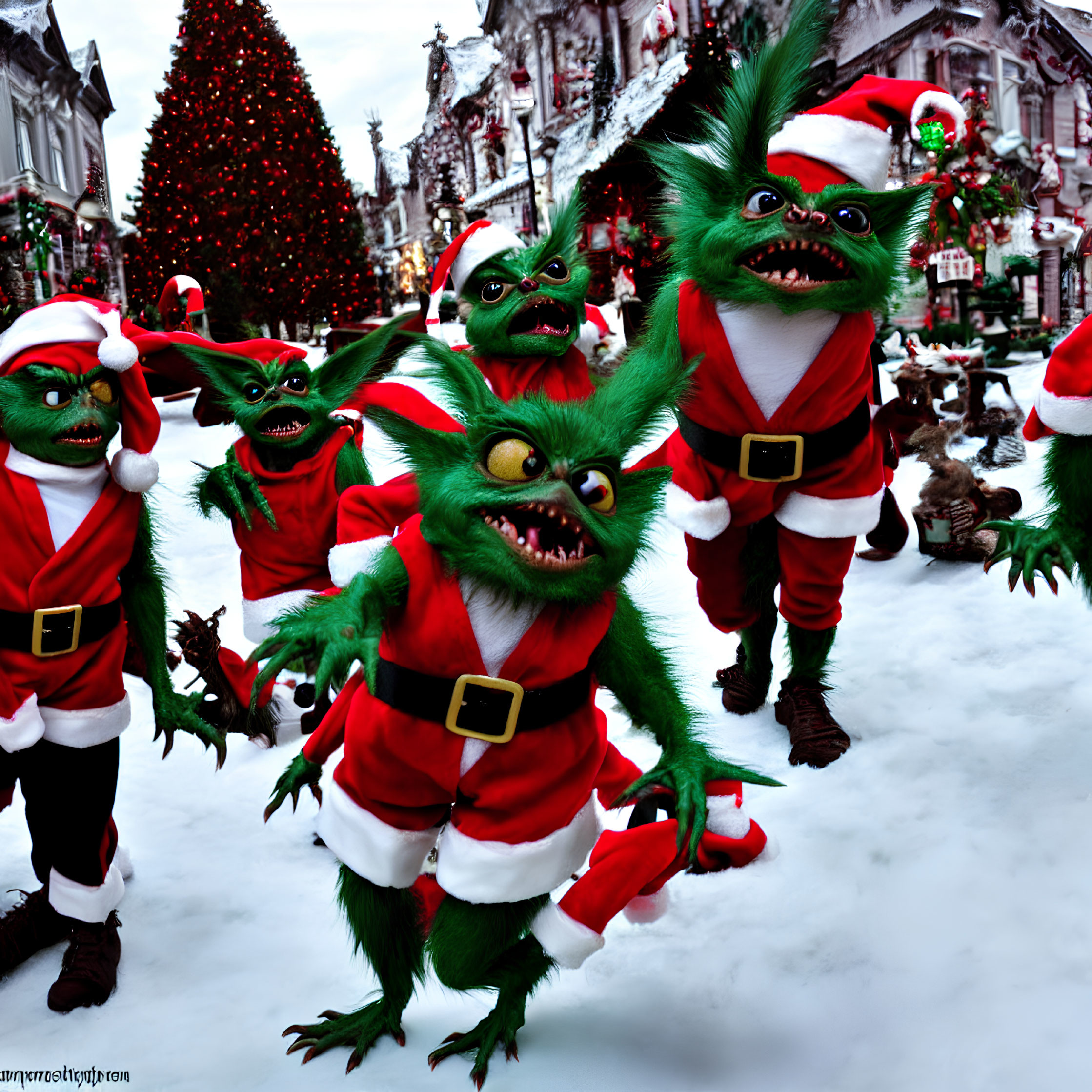 Four Gremlins in Santa Costumes Cause Chaos in Snowy Christmas Scene