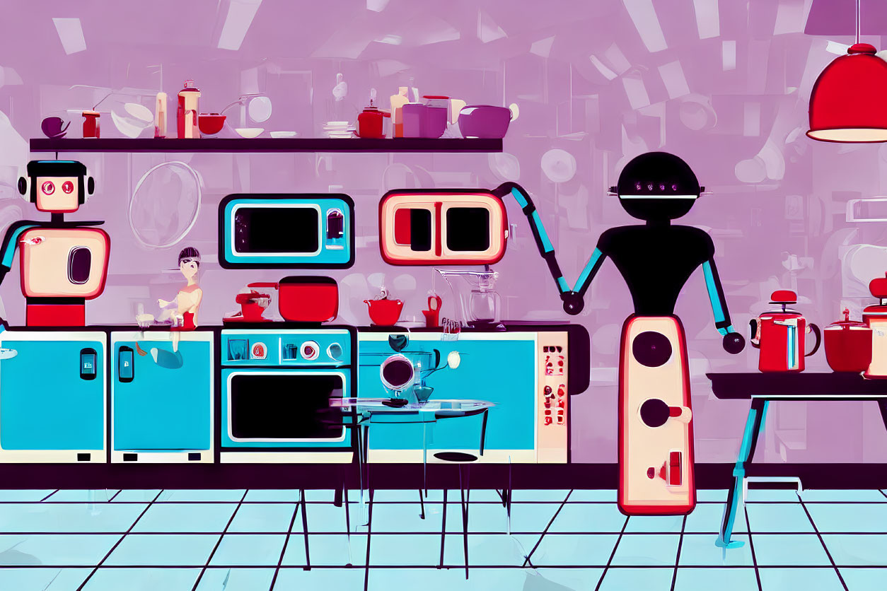 Vibrant futuristic kitchen illustration with robot chef and high-tech appliances