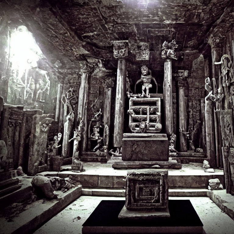 Mysterious Underground Chamber with Ancient Columns and Statues