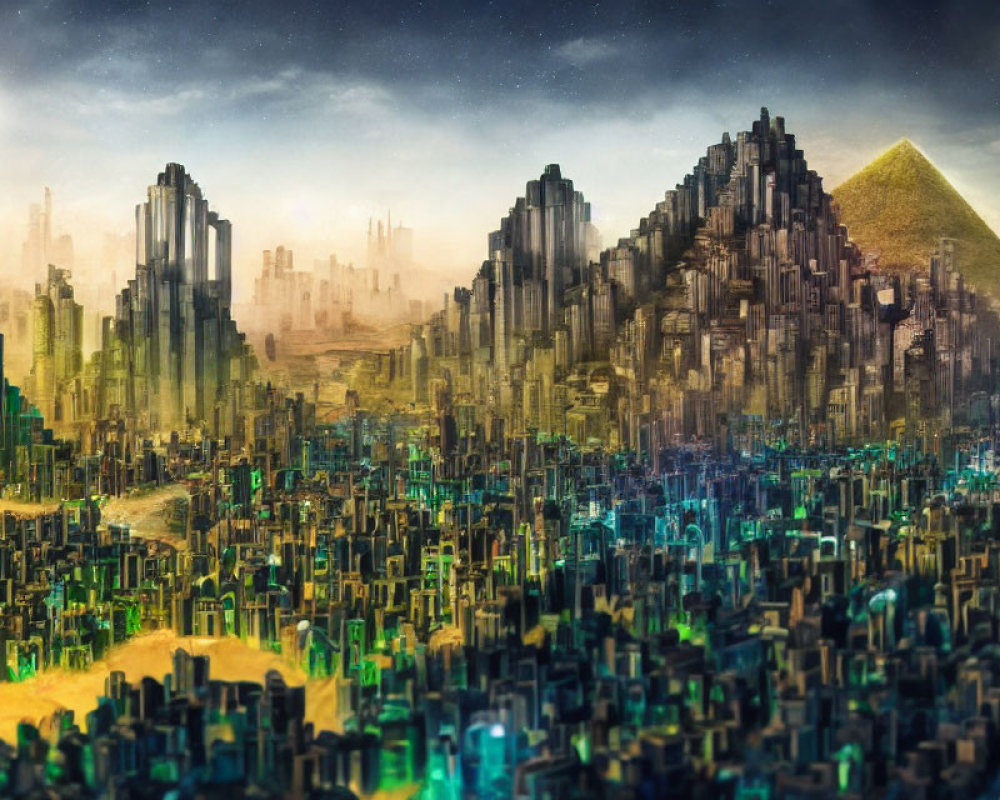 Futuristic cityscape with crystalline skyscrapers and ancient pyramids