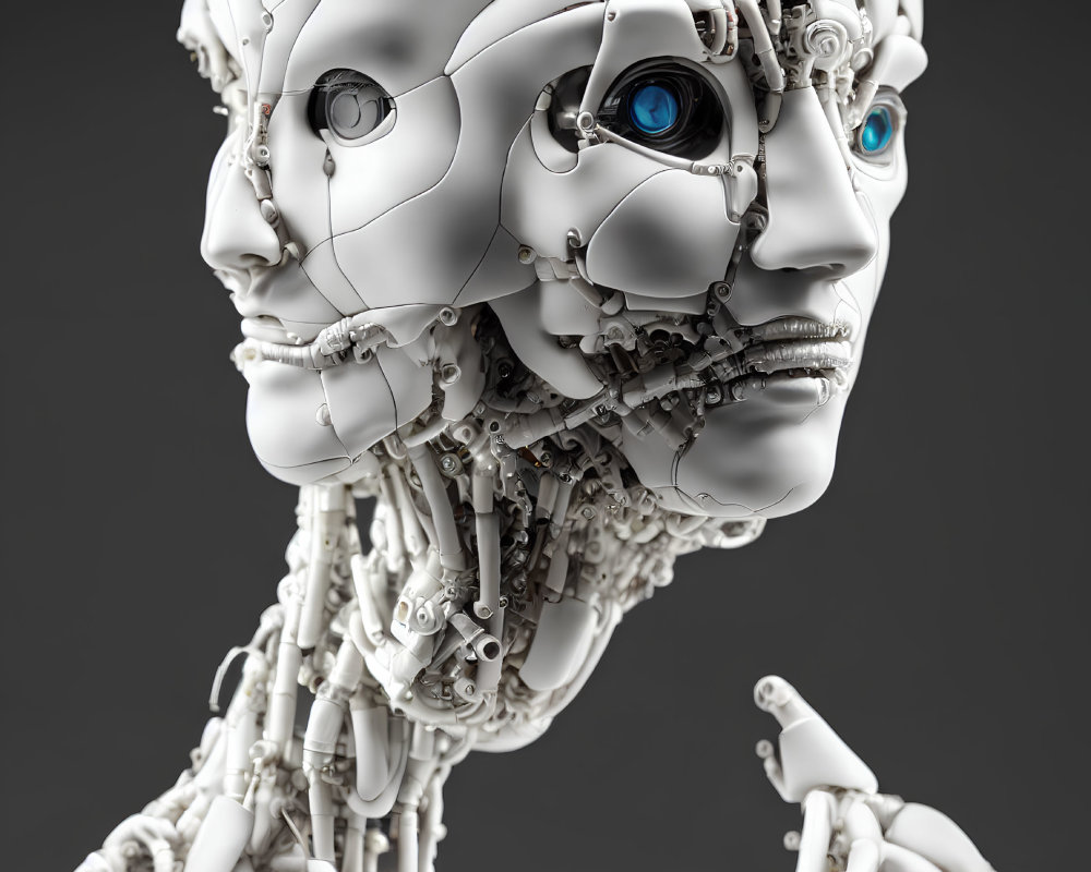 Detailed Close-Up of Humanoid Robot Head and Shoulders with Intricate Mechanical Parts and Blue Eye on