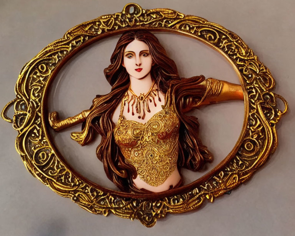 Golden framed pendant with relief of woman in flowing hair and detailed bodice