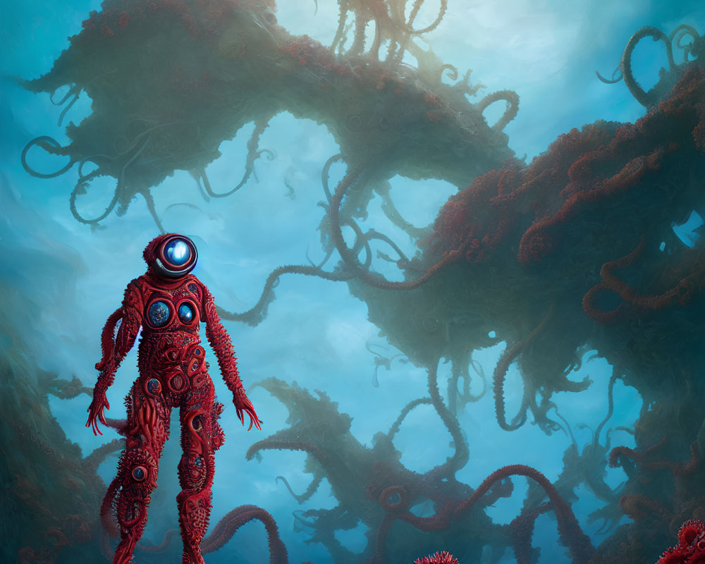 Red Ornate Diver Explores Ethereal Underwater World