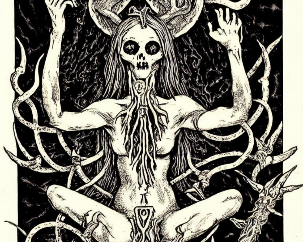 Monochrome skeletal figure with horns and tentacles in mystical pose.