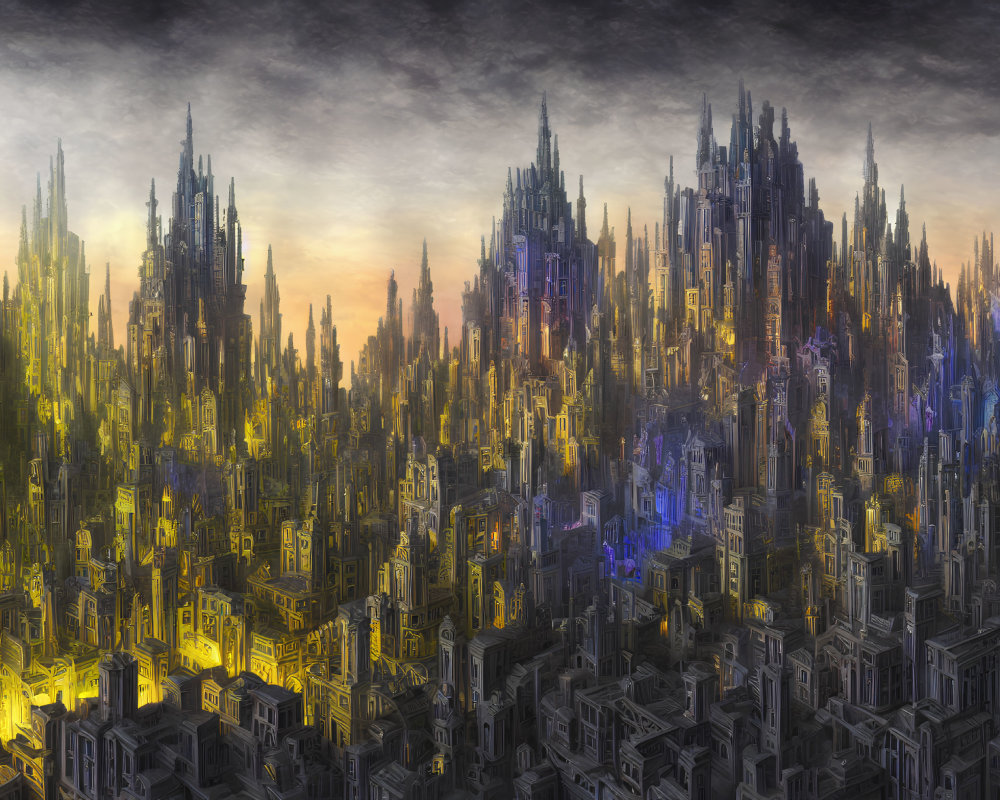 Detailed futuristic cityscape illustration with towering high-rise structures in yellow and blue hues under a dark, cloudy