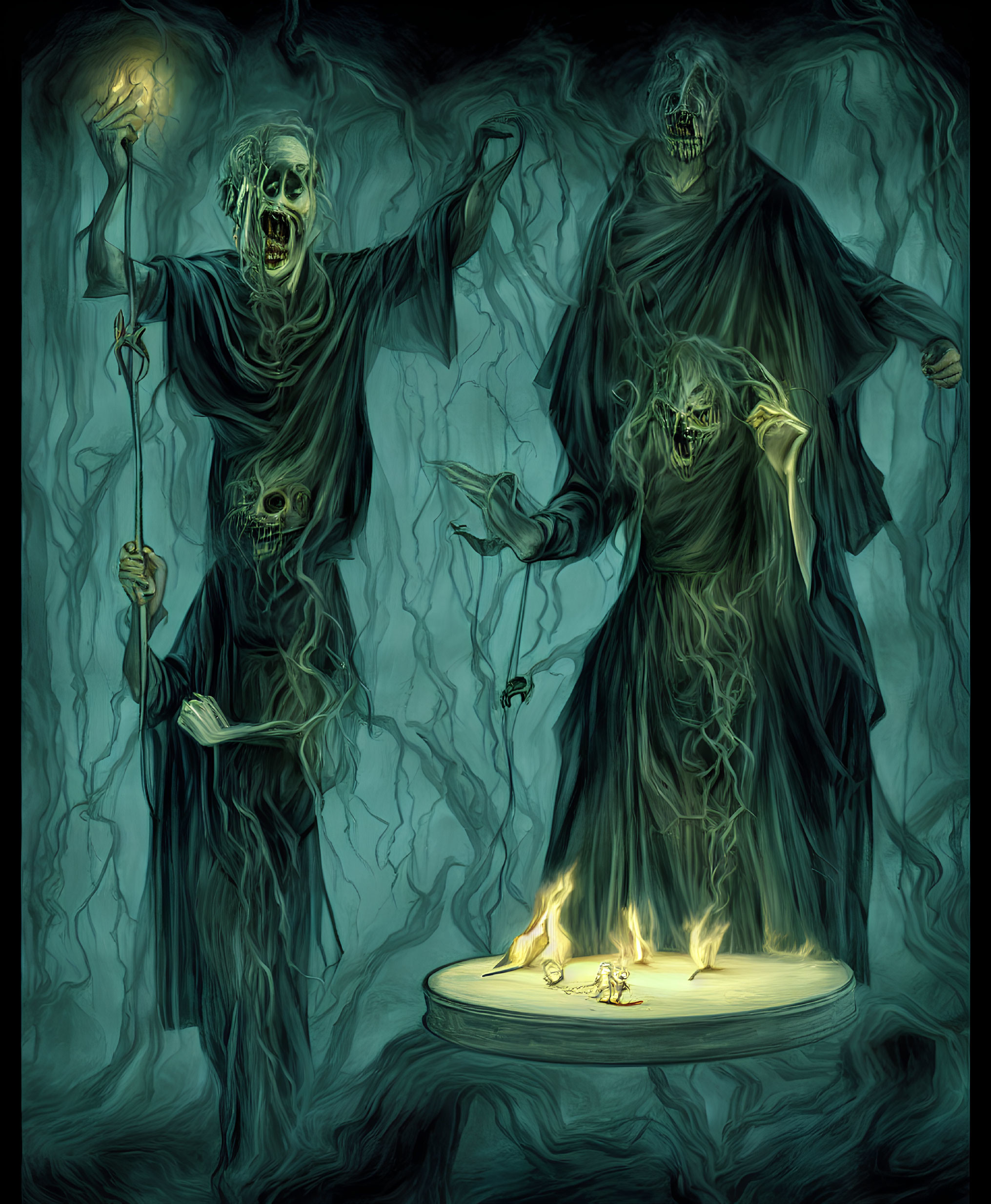 Eerie skeletal figures with glowing eyes in green flames