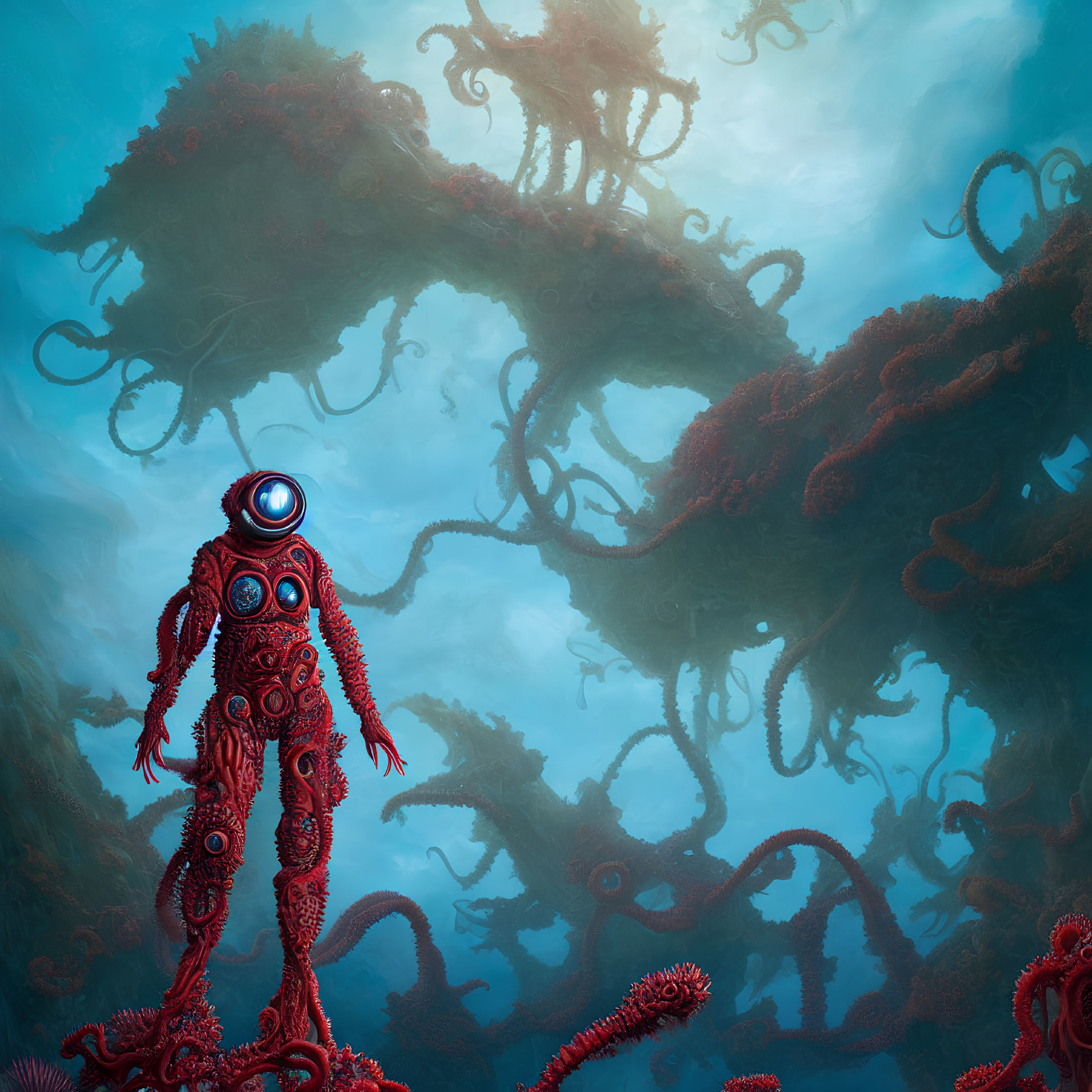 Red Ornate Diver Explores Ethereal Underwater World