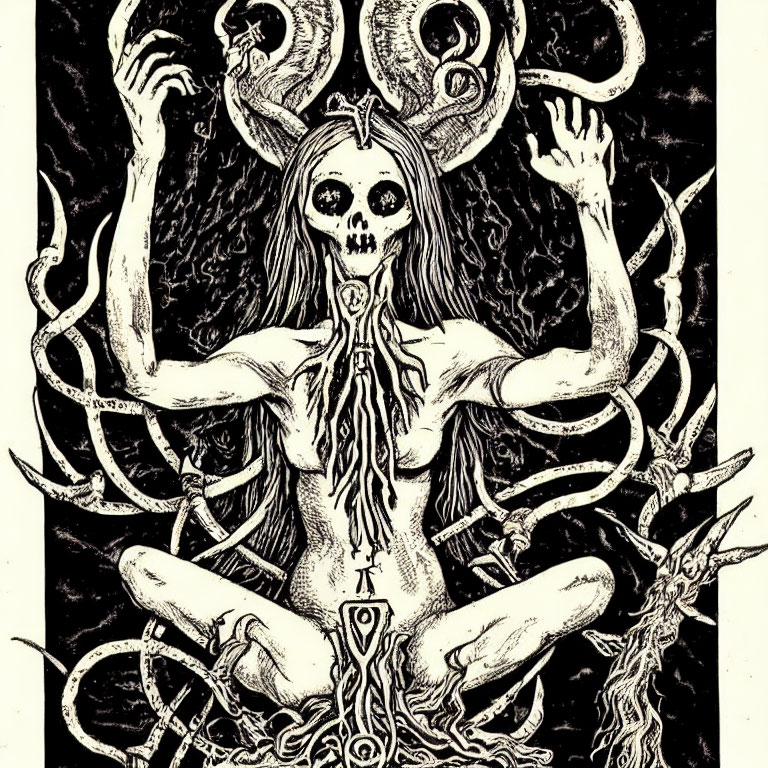 Monochrome skeletal figure with horns and tentacles in mystical pose.