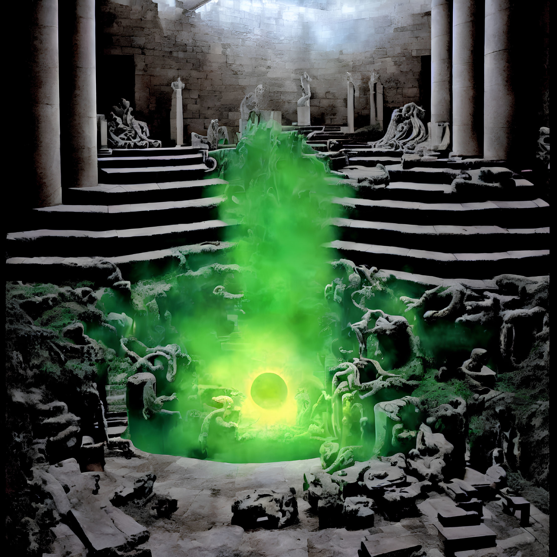 Ethereal green glow in mystical underground chamber with classical architecture