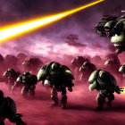 Sci-fi scene: robotic walkers and war machines under purple sky