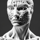 Detailed Close-Up of Humanoid Robot Head and Shoulders with Intricate Mechanical Parts and Blue Eye on