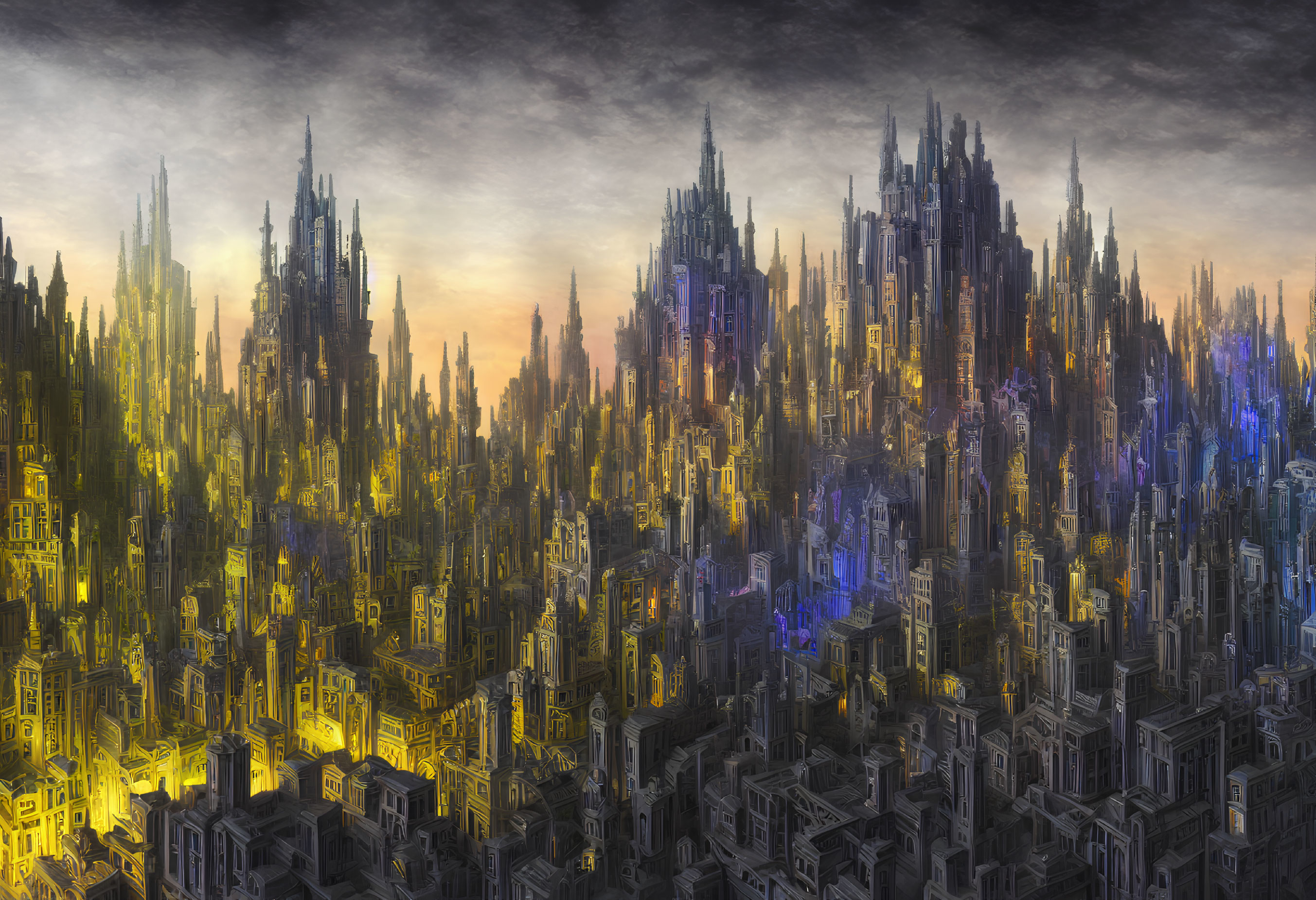 Detailed futuristic cityscape illustration with towering high-rise structures in yellow and blue hues under a dark, cloudy