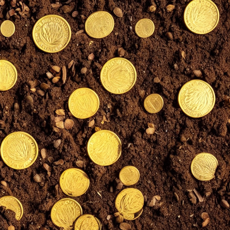 Shiny golden coins on textured brown soil with pebbles