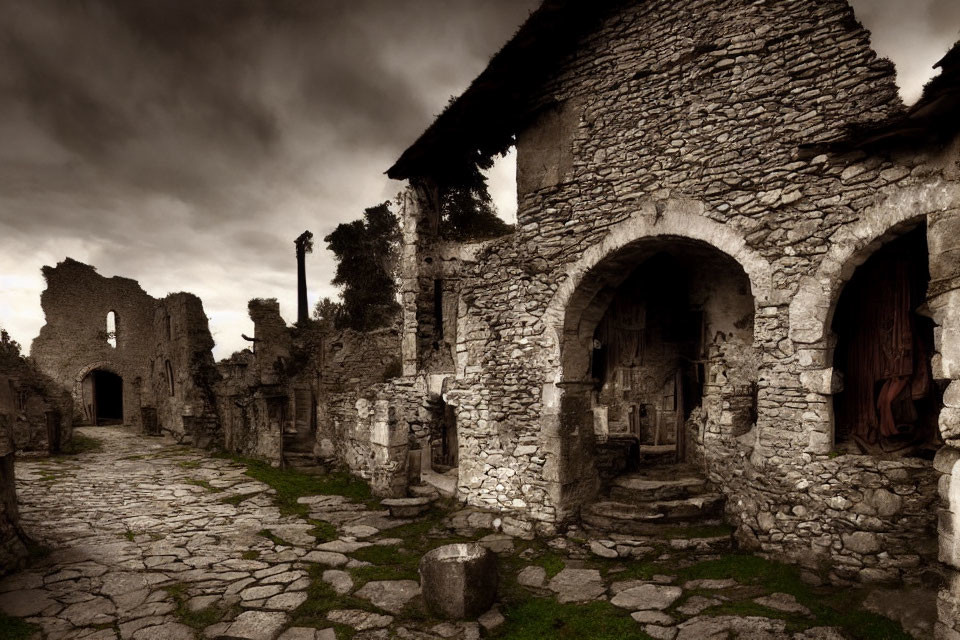 Ancient Stone Street with Dilapidated Ruins and Dramatic Sky