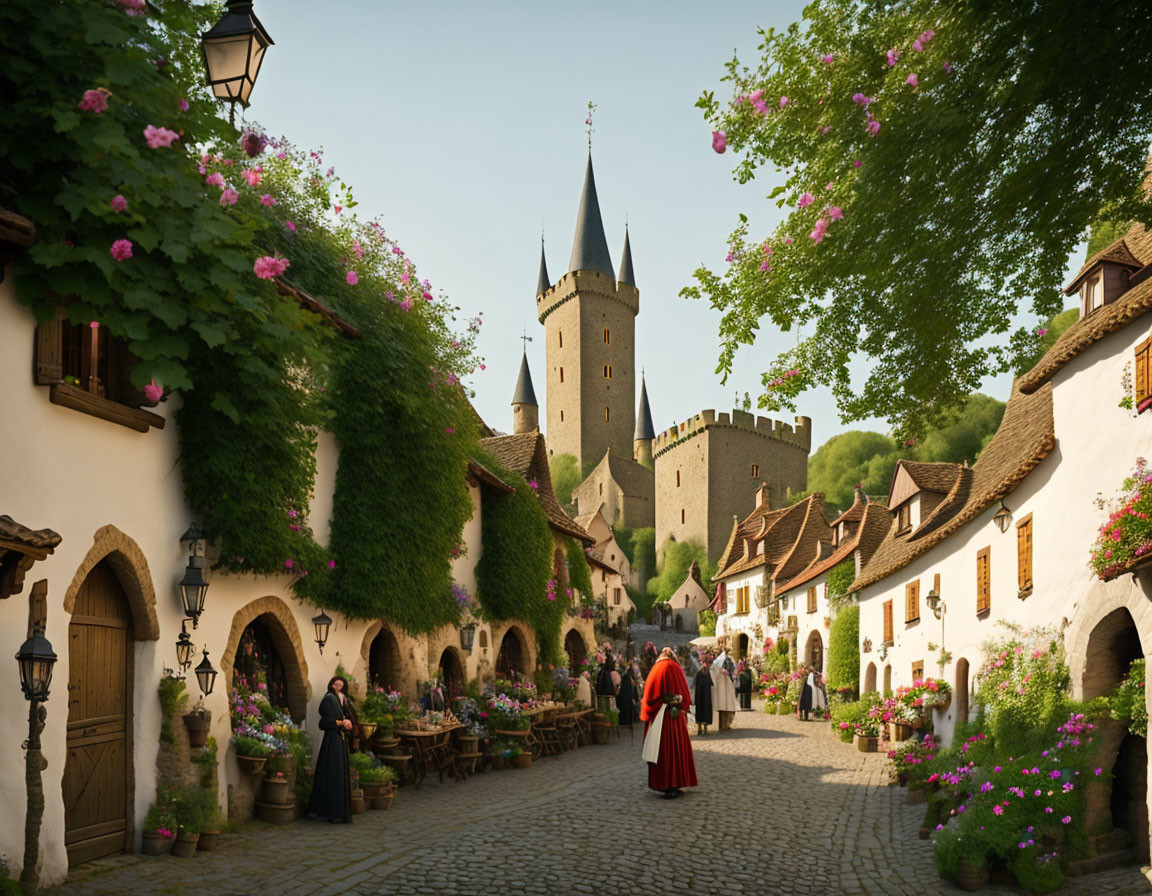 Medieval street scene with period costumes, charming houses, flowers, and castle tower