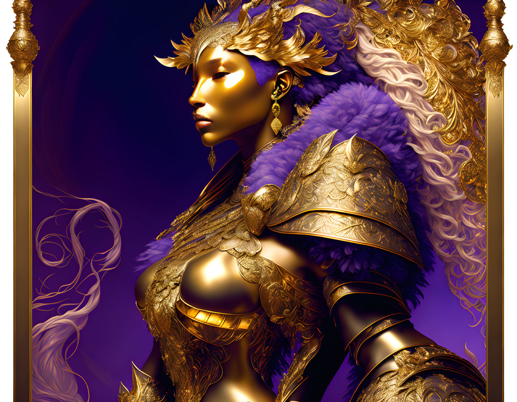 Majestic female warrior in golden armor on purple background