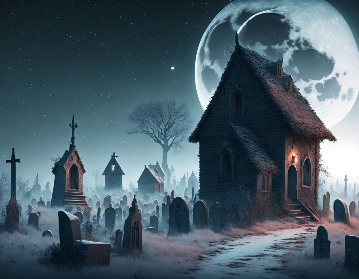 Eerie graveyard with ancient tombstones and rundown church at night