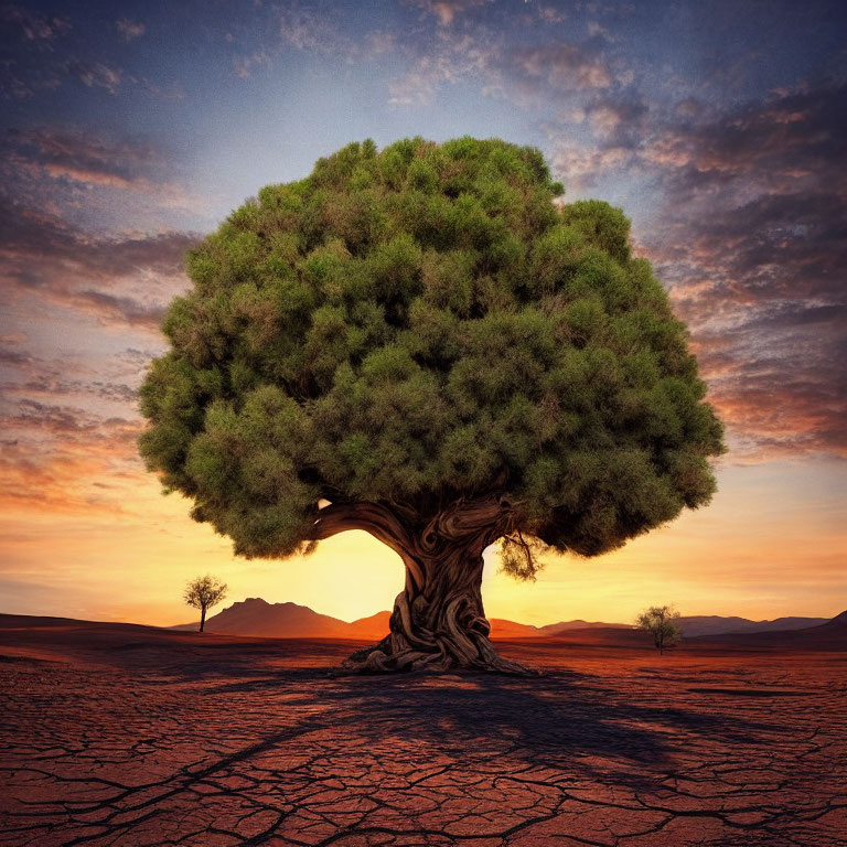 Robust tree with twisted trunk against dramatic sunset sky