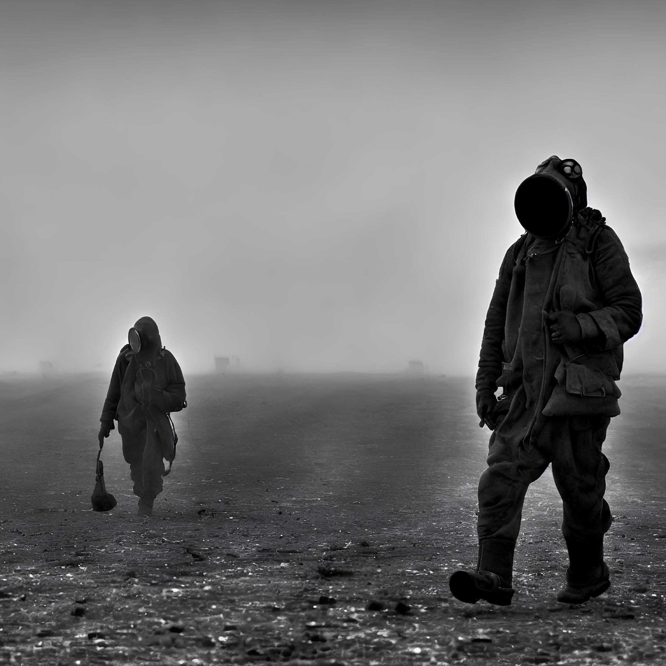 Two figures in protective gear in foggy setting hinting at hazardous conditions.