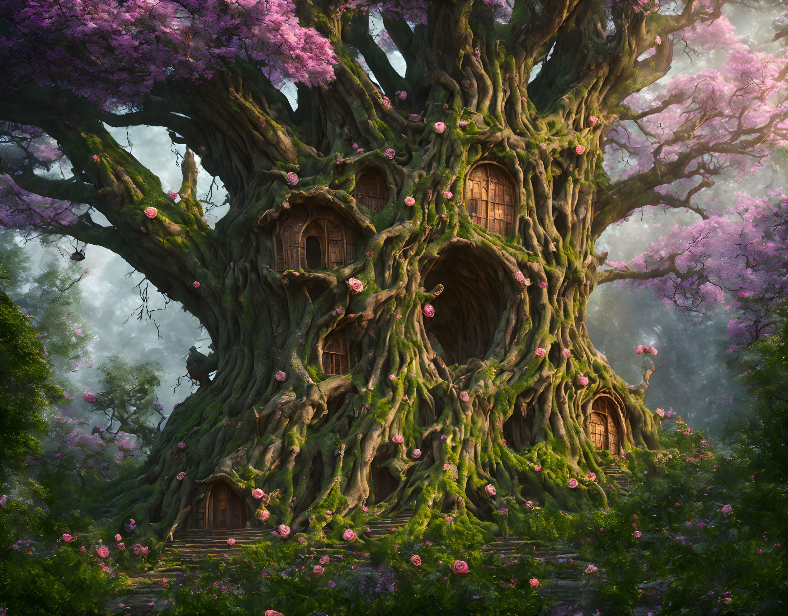 Enchanting tree with windows and doors in misty forest