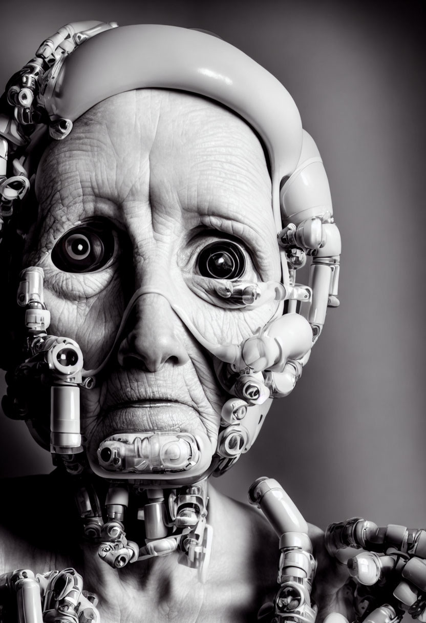 Monochrome surreal portrait of human-android fusion with contemplative expression