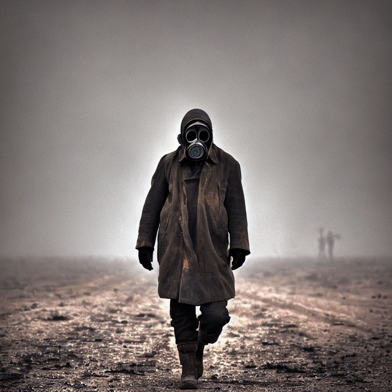 Person in Gas Mask Walking on Foggy Road with Silhouettes