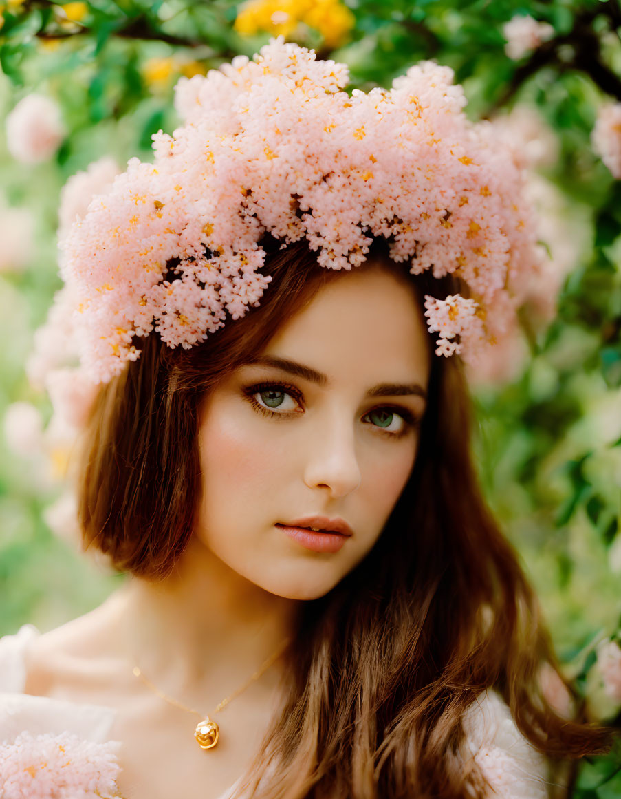 Woman wearing soft pink floral crown on green background