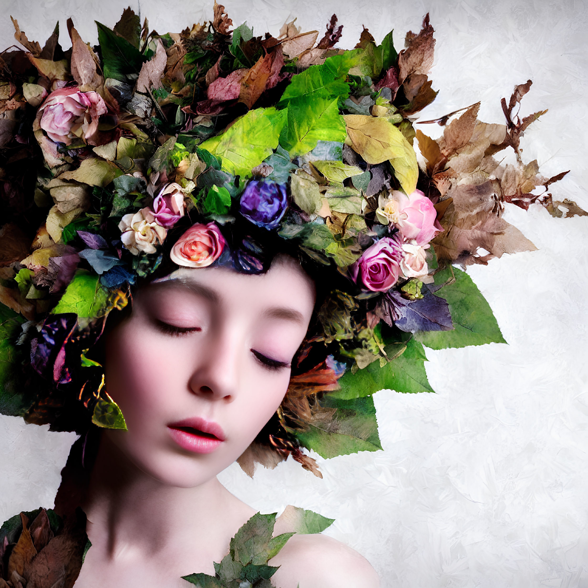 Woman with closed eyes wearing leaf and flower headdress on textured background