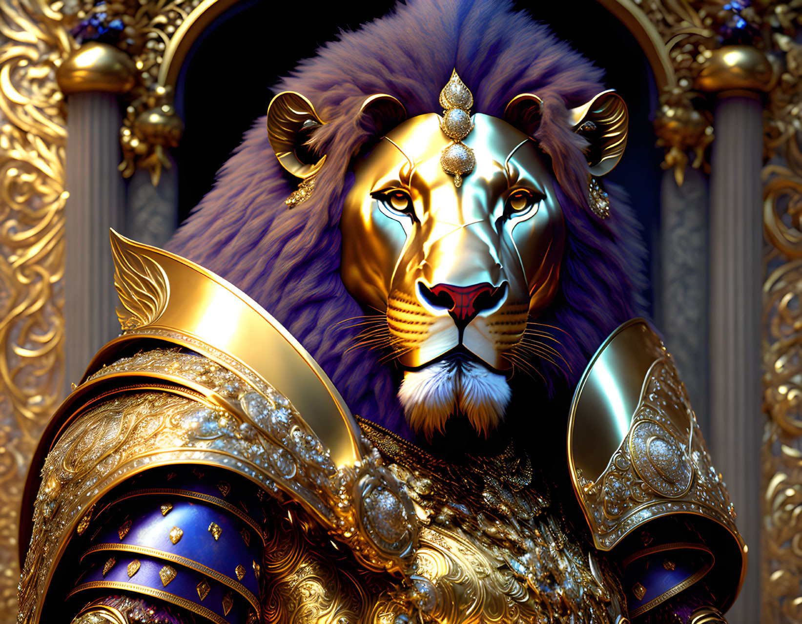 Majestic lion with golden armor and gemstone decoration symbolizes nobility.