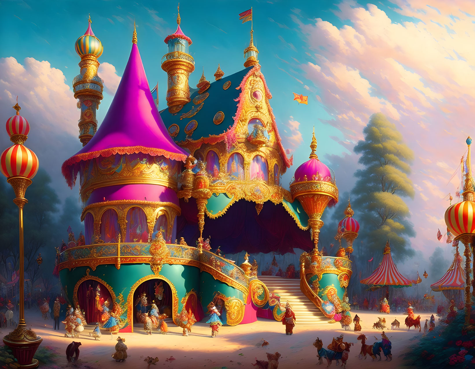 Fantastical castle in vibrant landscape with flying creatures