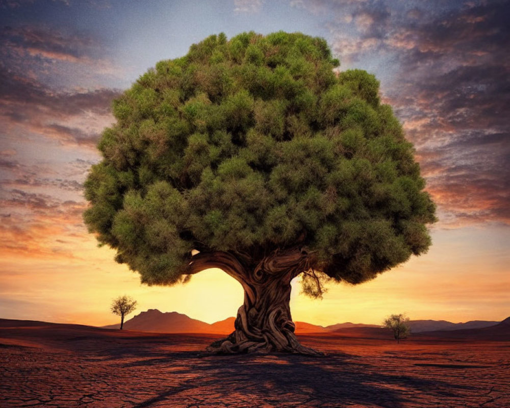 Robust tree with twisted trunk against dramatic sunset sky