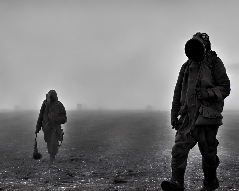 Two figures in protective gear in foggy setting hinting at hazardous conditions.