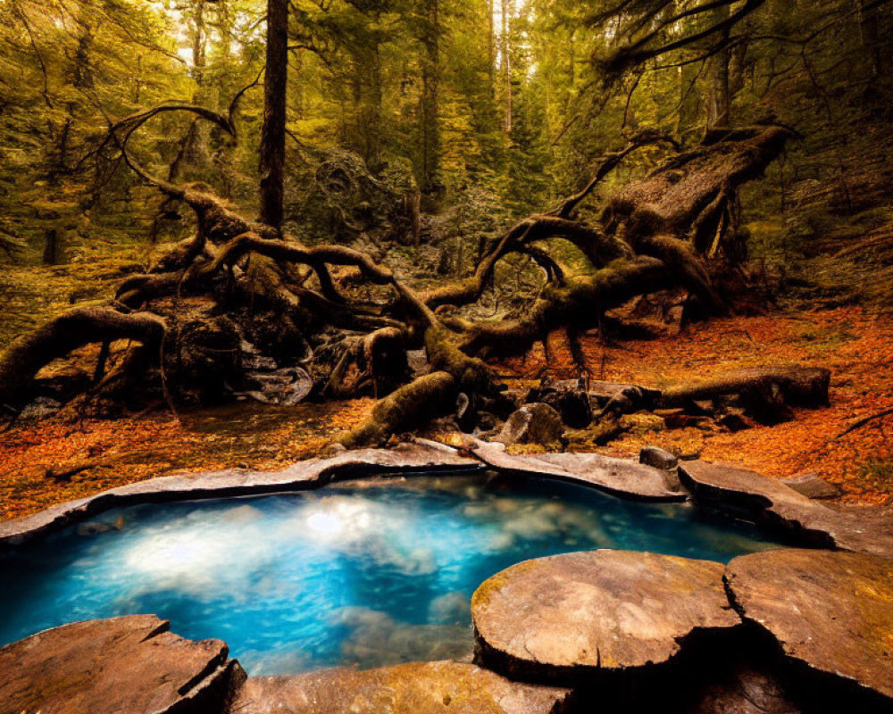 Tranquil Forest Scene with Blue Pond and Fallen Trees