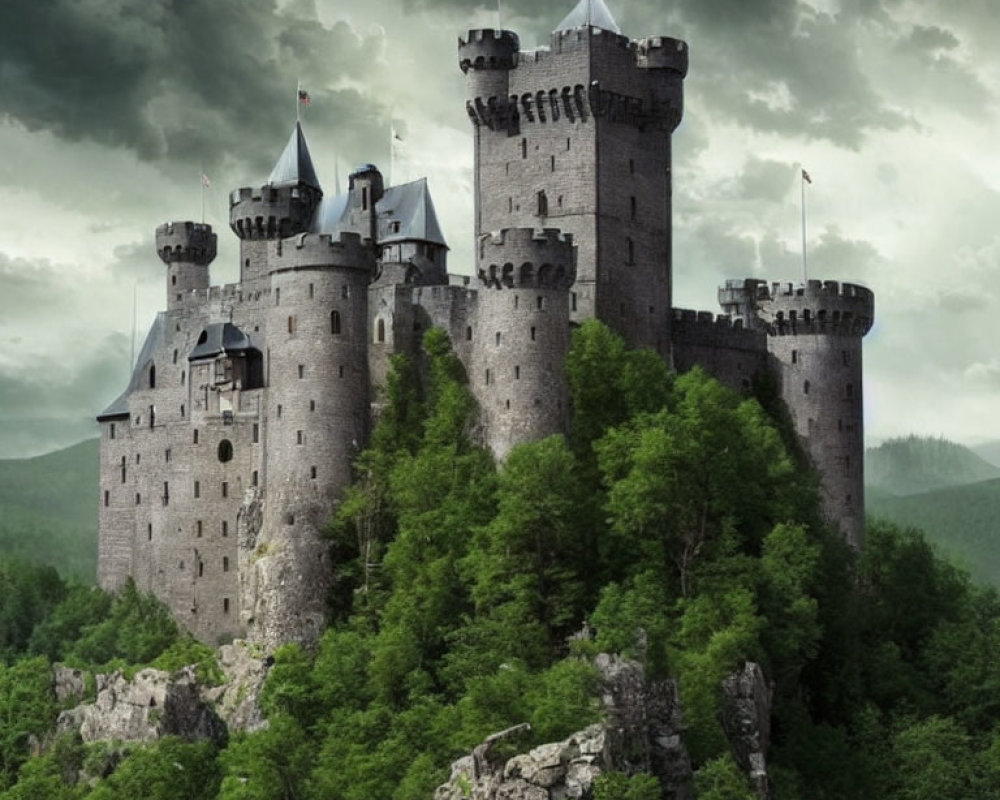 Stone castle with towers in forest under dramatic sky