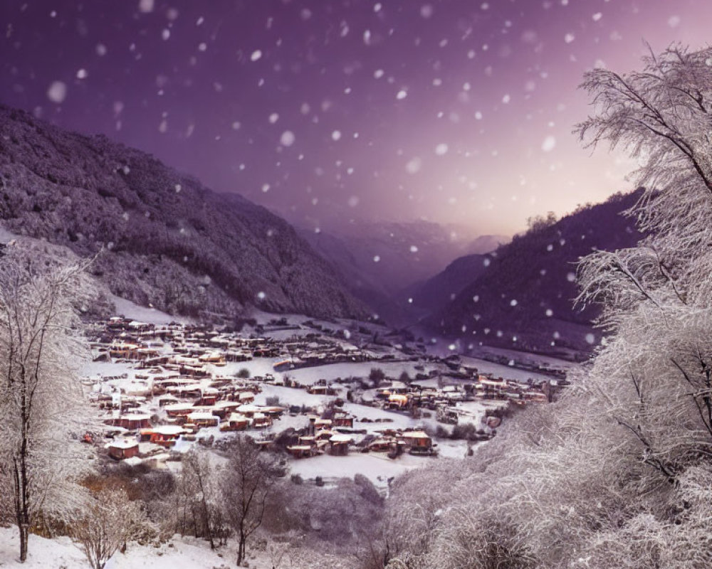 Snowy village with snow-covered trees under purple-tinted sky