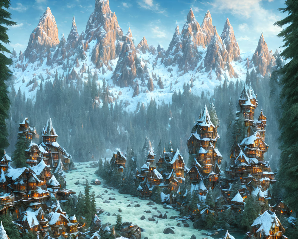 Snow-covered pines, wooden houses, and mountains in winter sunrise.