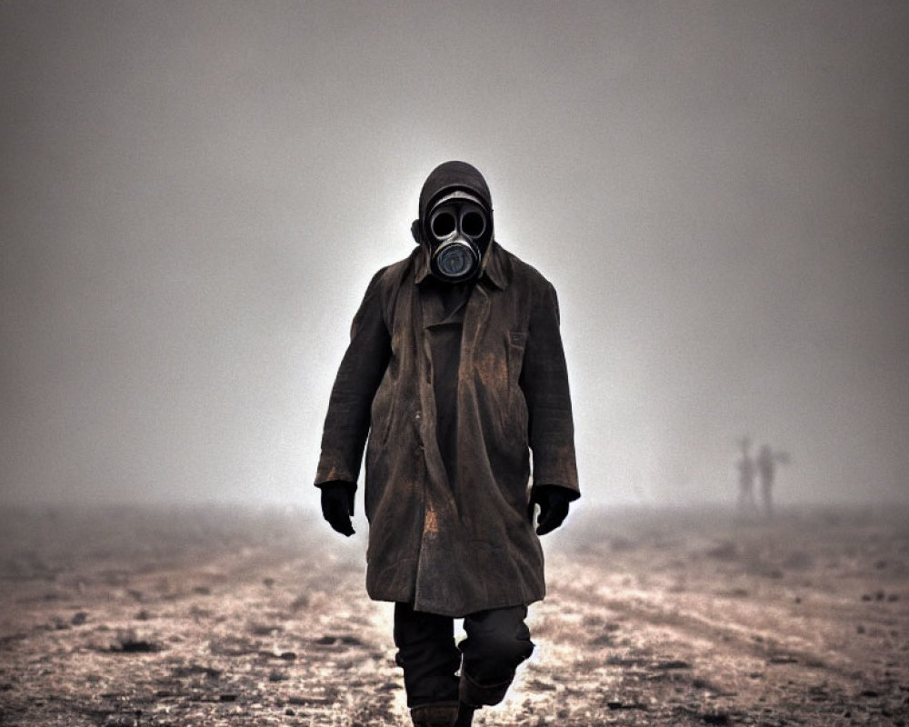 Person in Gas Mask Walking on Foggy Road with Silhouettes