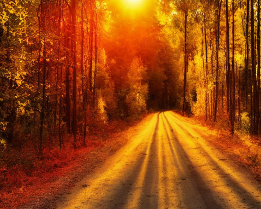 Golden Sun Casting Long Shadows on Serene Autumn Forest Road