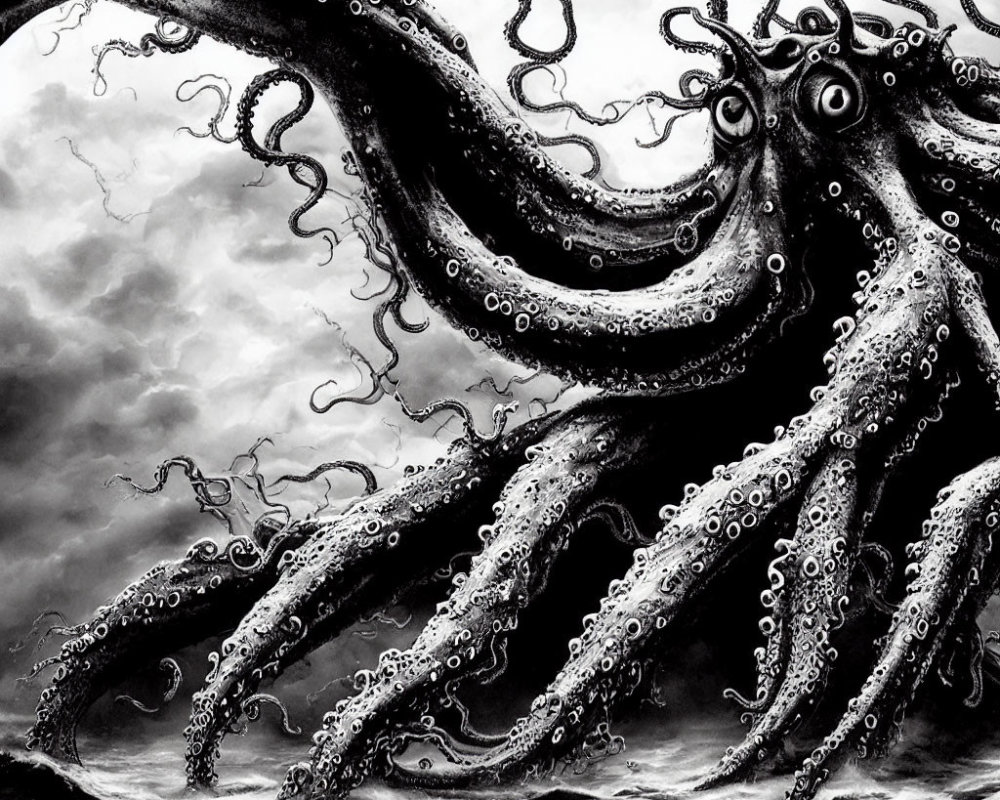 Monochromatic illustration: Giant octopus with multiple tentacles in sea under cloudy sky