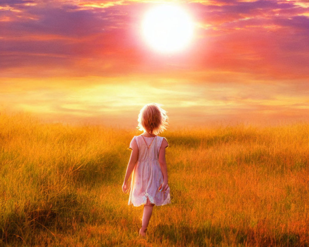 Child in Sundress Walking Through Golden Field at Sunset