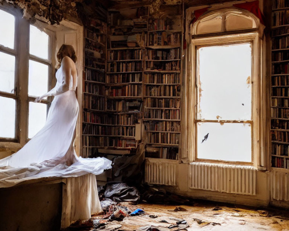 Woman in White Dress Standing by Window in Dilapidated Room with Books and Flying Bird