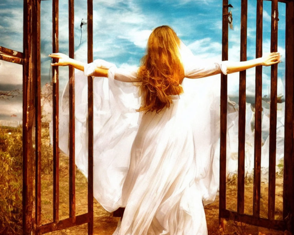 Woman in flowing white dress between open metal gates in scenic landscape