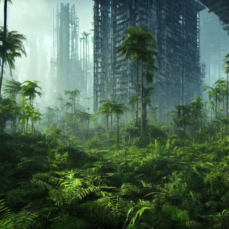 Futuristic skyscrapers behind lush greenery landscape