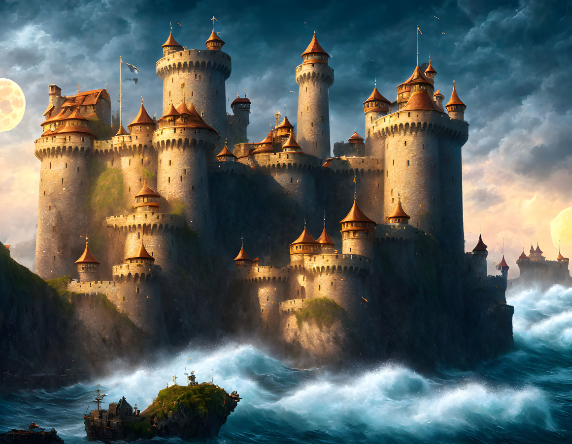 Majestic fairytale castle on rocky cliffs by turbulent sea waves