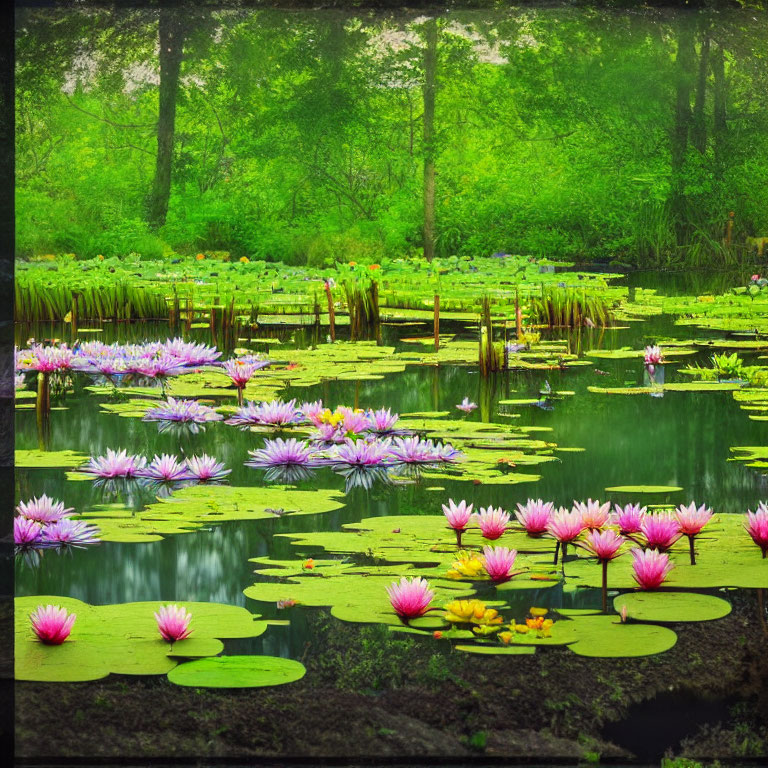 Tranquil pond with pink and white water lilies in misty setting