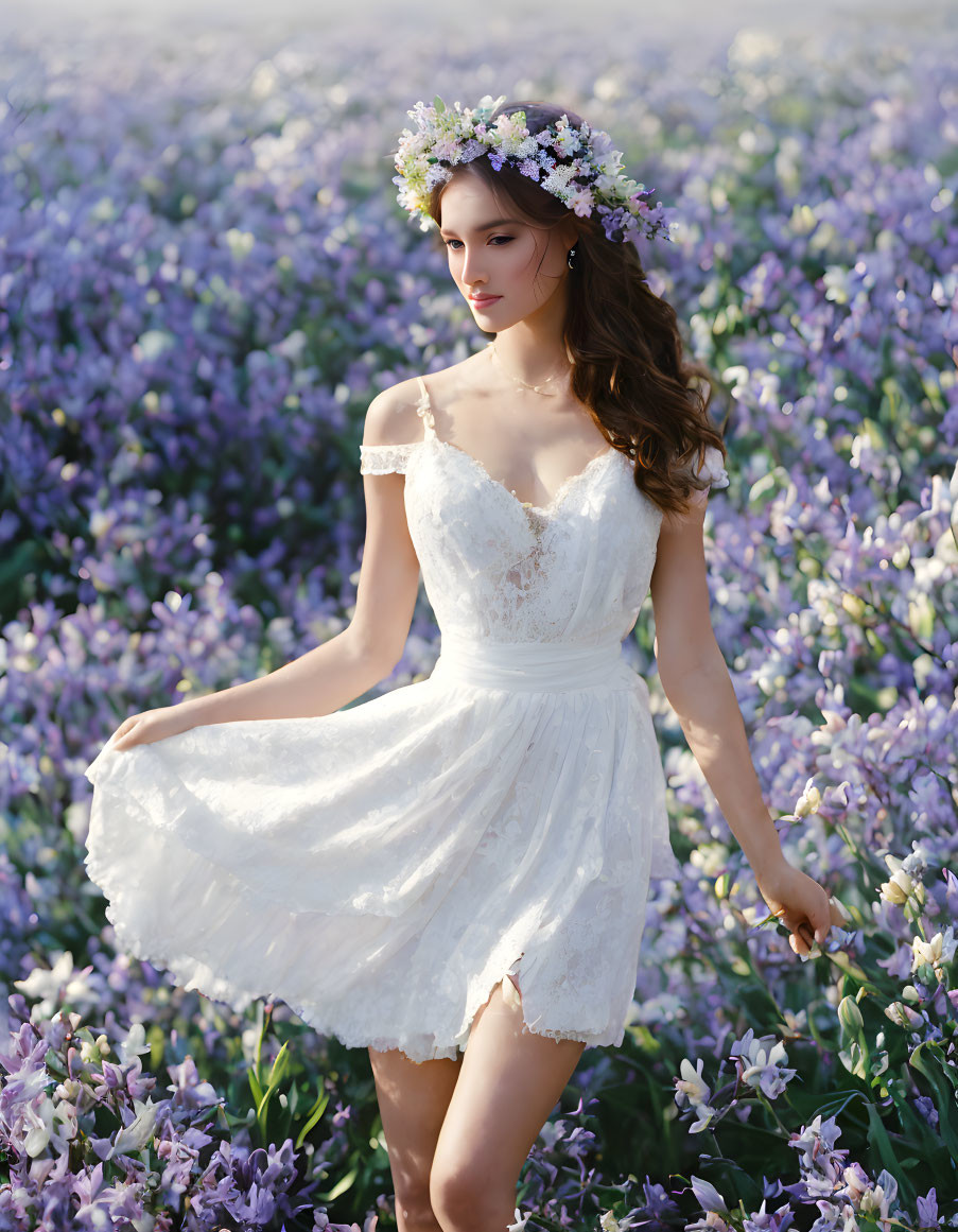 Woman in white dress with floral crown in purple flower field