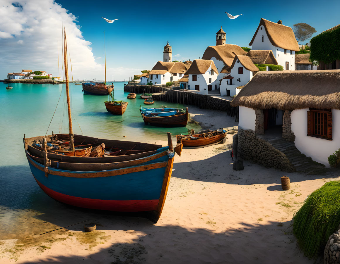 Charming coastal village with thatched-roof cottages and lighthouse